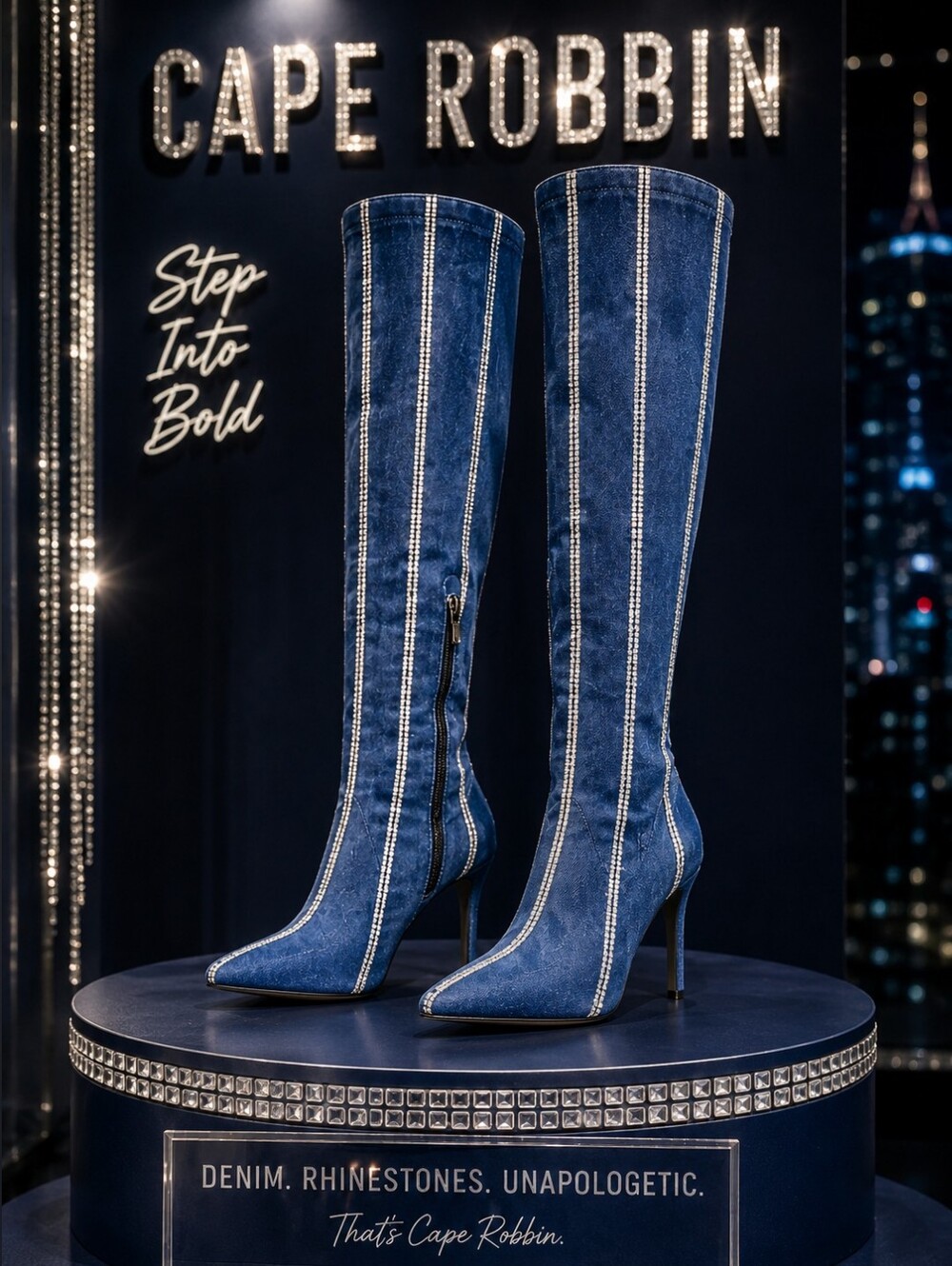 Hidenim Rhinestone Thigh High Stiletto Boots - Denim